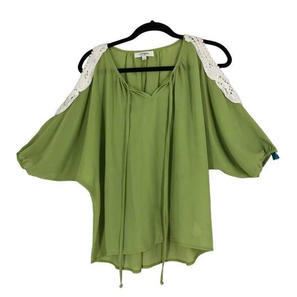 Muted Green Sheer Cold Shoulder Top w/Crocheted Shoulders, Tie Throat SZ L Umgee - Picture 1 of 7